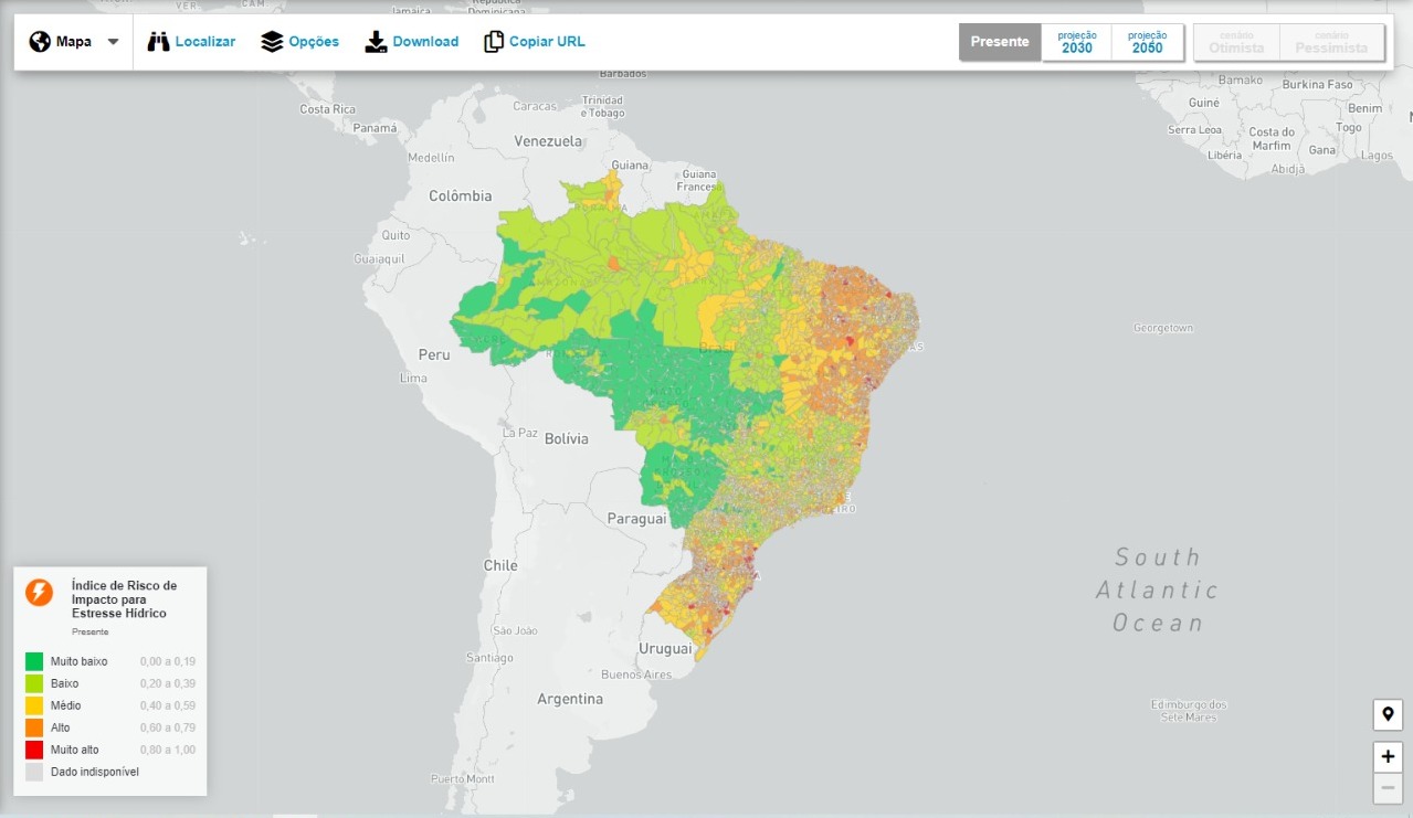 printscreen de painel do adaptabrasil que mostra dados sobre estresse hídrico relacionado à segurança energética no país.