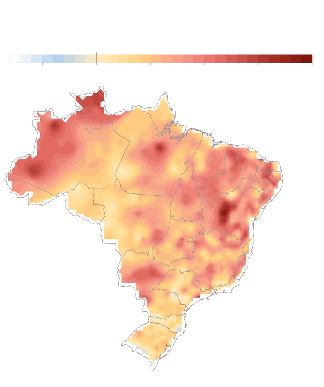 Mapa do Brasil com indicações do aumento de temperatura no território de 1661 a 2020.