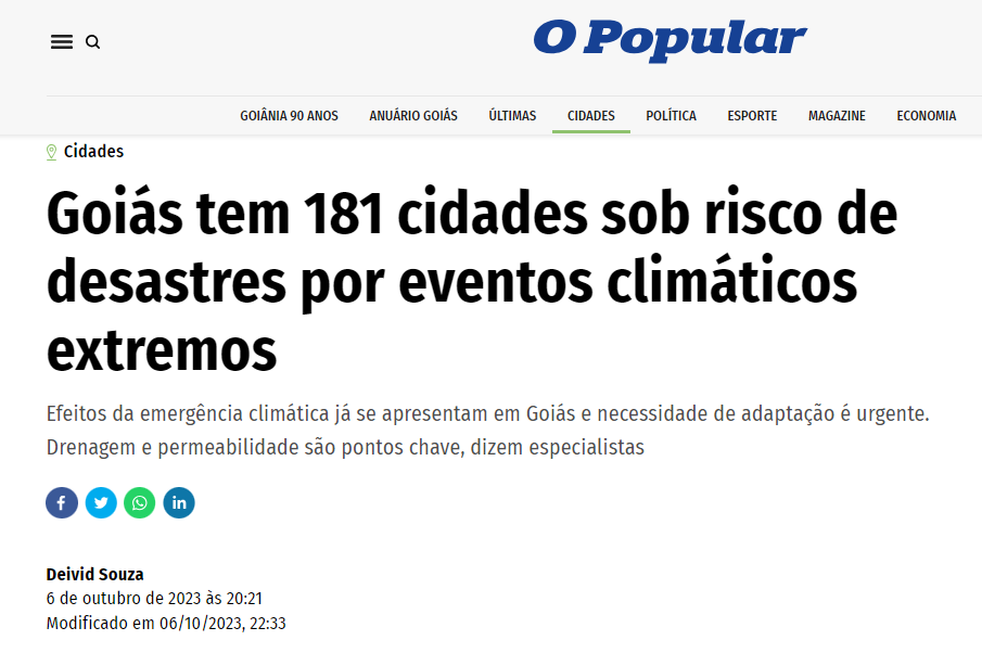 print do título da matéria "Goiás tem 181 cidades sob risco de desastres por eventos climáticos extremos" do jornal o popular