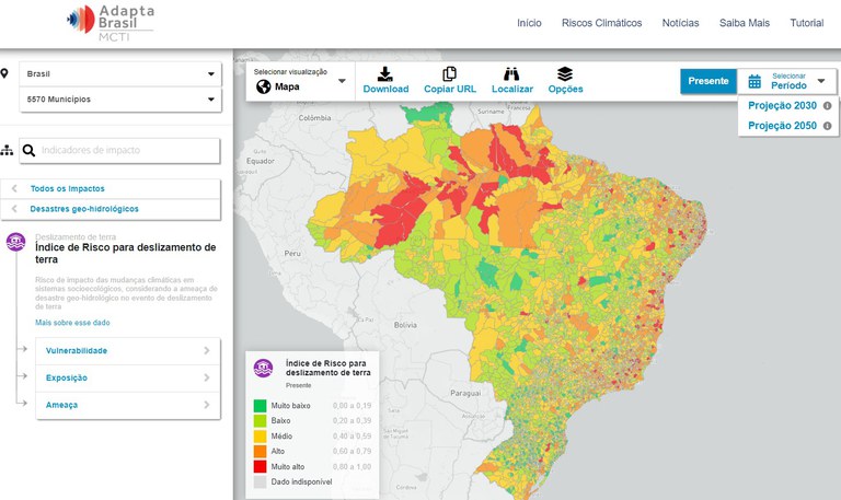 Figura com o mapa do Brasil mostrando índice para deslizamento de terra por município